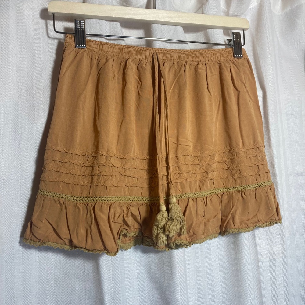 SimpLee Womens S Earthy Brown   Tiered Ruffle Tassel‎ Drawstring Mini Boho Skirt